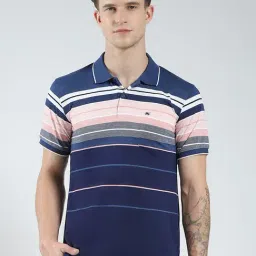 Monte Carlo Blue Cotton Blend Regular Fit Stripes Polo T-Shirt-image-5
