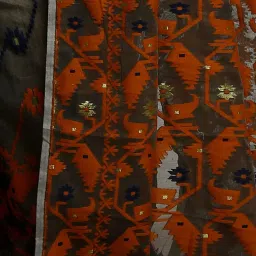 Bengal Handloom Black & Orange Art Silk Jamdani Saree Without Blouse image 4