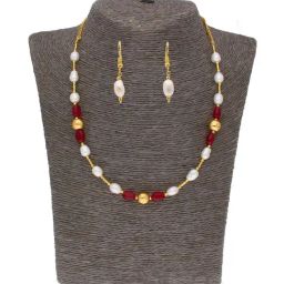 Sri Jagdamba Pearls Red & White Pearl Gold Plated Necklace Set-picture-42