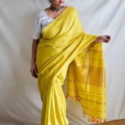 Sundarii Yellow Linen Solid Saree image 4