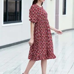 SELVIA Brown Cotton Printed A-Line Dress image 4