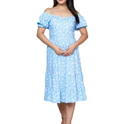 SAKURA Floral Print Off-Shoulder Puff Sleeve Liva Fit & Flare Midi Dress-picture-16