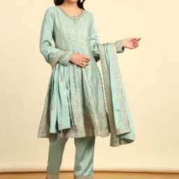 Soch Womens Sap Green Sequinned Embellished Chinon Suit Set With Dupatta-picture-11
