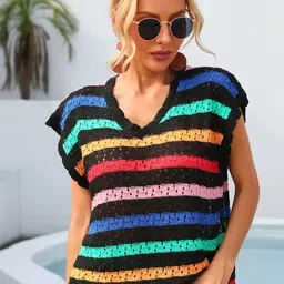 StyleCast Women Striped Self Design V-Neck Sleeves Pullover Sweater-image-38