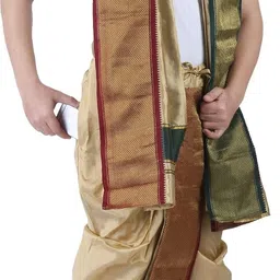 prakasam cotton Mens Asha Silk Panchakacham Ready to wear dhoti towel set with pocket/Panchakacham dhoti with Angavastram (Stitched Dhoti with Pocket image 1