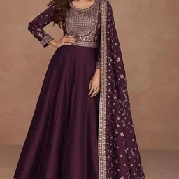 Omkar Tex's Dark Purple Anarkali Gown With Dupatta Set for Women, Free Size, Chinnon Fabric, Ethnic Wear image 2
