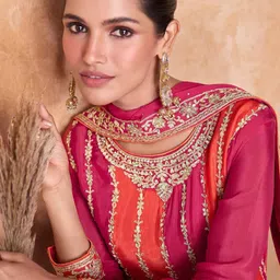 miss ethnik Women's Pink and Orange Color Traditional Chinon Embroidered Stitched Kurta Palazzo Set With Embroidered Dupatta (ME-1132-Pink) image 3