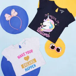 Pantaloons Junior Pack of 2 Half Sleeves Unicorn & Text Printed Tee - White & Black-picture-22