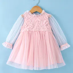 Babyhug Woven Three Fourth Sleeves Dress With Floral 3D Applique - Peach-picture-14