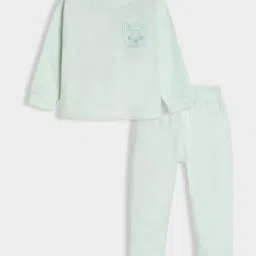 Mi Arcus Full Sleeves Dog Face Embroidered Tee & Coordinating Pajama Set - Mint Green-image-66