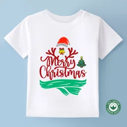 BLUSHES Christmas Theme 100% Cotton Half Sleeves Merry Christmas Text Printed Tee - White-picture-31