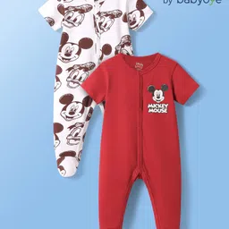 Babyoye Disney Interlock Knit Half Sleeves Sleep Suit with Mickey Mouse & Friends Graphics Pack of 2 - White & Dark Red-picture-20