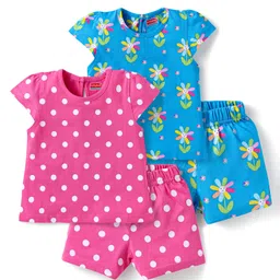 Babyhug Cotton Knit Half Sleeves Co-ords Short Night Suits with Floral & Polka Dots Print Pack of 2 - Blue & Dark Pink-picture-12