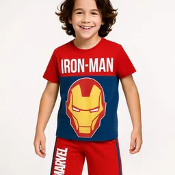 Pine Kids Marvel Single Jersey Knit Half Sleeves T-Shirt & Cut & Sew Short With Avengers Graphics - Red-picture-21
