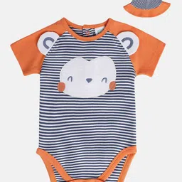 MINI KLUB Cotton Half Raglan Sleeves Striped & Baby Animal Embroidered Onesie With Cap - Blue-picture-36