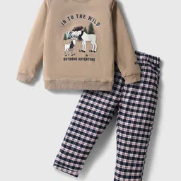 CUCUMBER Cotton Knit Full Sleeves T-Shirt & Checks Trouser Set With Reindeer Embroidery - Tan-picture-27