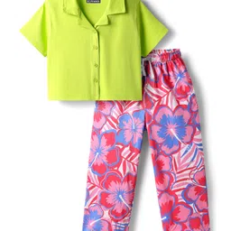 Pine Kids Single Jersey Knit Half Sleeves Shirt & Culotte Pant Set With Floral Print - Lime Green & Pink-picture-28