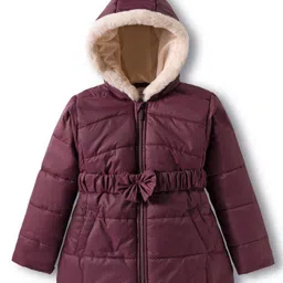 Babyhug Woven Full Sleeves Hooded Padded Jacket with Bow Applique - Wine-picture-23