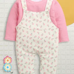 BUMZEE Knit Dungaree & Full Sleeves Inner Tee With Floral Print - Cream & Pink-image-68