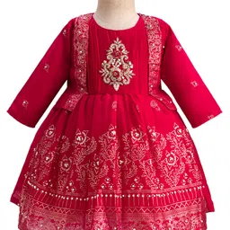 Enfance Floral Printed & Zardozi Patch Detailed Dress With Full Sleeves Jacket - Rani-image-29
