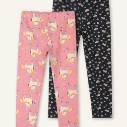 Ariel Cotton Knit Pack Of 2 Unicorn & Floral Printed Leggings - Orange & Black-picture-24