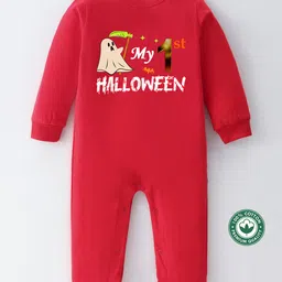 BLUSHES 100% Cotton Knit Halloween Theme Full Sleeves My 1st Halloween Text Printed Romper - Red-picture-24
