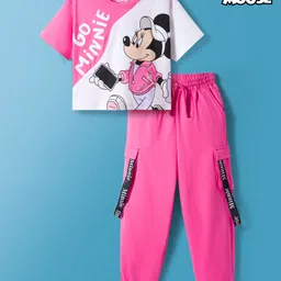 Pine Kids Disney Single Jersey Knit Drop Shoulder Half Sleeves Cut & Sew T-Shirt with Joggers Set With Minnie Mouse Graphics - Pink & White-picture-28