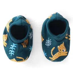 Babyhug 100% Cotton Knit Mittens & Booties Set with Cheetah Print - Green image 2