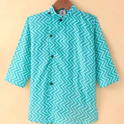 Teentaare Cotton Woven Full Sleeves Chevron Print Kurta & Pajama Set - Turquoise image 2