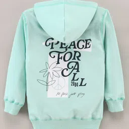 Doreme Terry Knitted Full Sleeves Pullover Hooded Sweatshirt With Floral Print & Kangaroo Pockets - Sea Green image 2