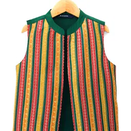 Pine Kids Woven Full Sleeves Kurta Pyjama Set With Embroidered Nehru Jacket - Green image 2