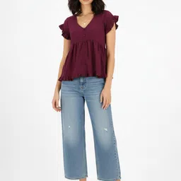 glitchez Self Design Gathered Ruffled Sleeve Top - Purple image 4