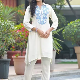 AUTUMN LANE Women Ethnic Motifs Embroidered Cotton Kurta with Trousers-image-37