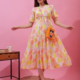 Honky Tonky Women Floral Printed V-Neck Tiered Fit & Flare Midi Dress-image-84