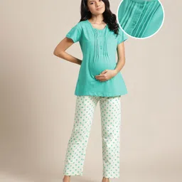 Bella Mama Half Sleeves Maternity Night Suit - Green-image-46