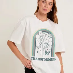 PRONK Flourish Arc Floral Printed Drop-Shoulder Sleeves Oversized Cotton T-shirt-image-69
