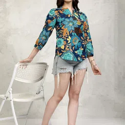 Vishudh Women Floral Printed Mandarin Collar Bishop Sleeves Cotton Top image 3