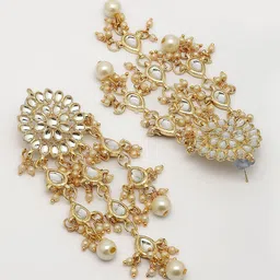 Sukkhi Gold Plated Chandelier Kundan Studded & Pearls Beaded Floral Shaped Drop Earrings image 5
