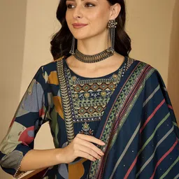 Sangria Women Printed Regular Thread Work Kurta with Trousers & Dupatta Kurta Sets image 3