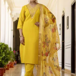 Navlik Women Embroidered Pure Cotton Kurta with Trousers & With Dupatta-picture-28