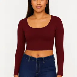 PUERY Women XS Scoop Neck Full Sleeves Cotton Fitted Crop Top-picture-20