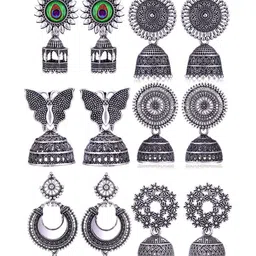 DIVASTRI Set Of 6 Silver-Plated Oxidised Dome Shaped Jhumkas-picture-32