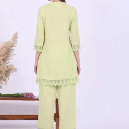 AURELIA Mandarin Collar Pleated Thread Work Pure Cotton A-Line Kurti With Trouser image 3