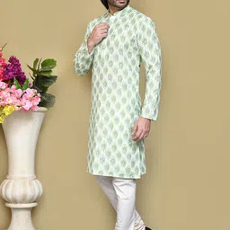 RANAK Men Floral Embroidered Regular Pure Cotton Kurta with Pyjamas image 4