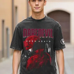 Bewakoof Daredevil Printed Drop-Shoulder Sleeves Oversized Acid Wash Pure Cotton T-shirt-picture-46