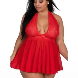 ZERJAMA Women Red Floral Lace Lingerie with Halter Neck-image-10
