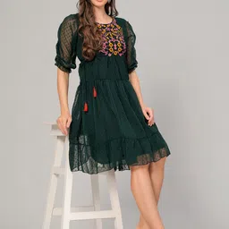 OH MI DIOS Women Self design Fit & Flare Puff Sleeves Dress With Emboidered image 4