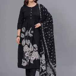 Arayna Floral Printed Round Neck Pure Cotton Straight Kurta With Trouser & Dupatta-image-47