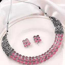 MANSIYAORANGE Rhodium-Plated Stone Studded Oxidised Jewellery Set-picture-30