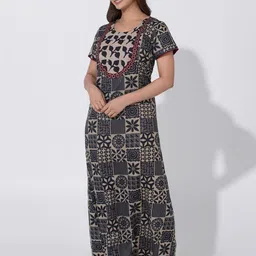 Maybell Blue Batik Printed Cotton Nightwear with Foil Mirror Embroidery image 4